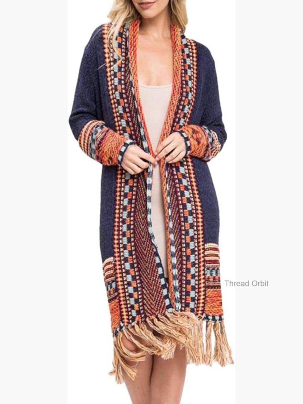 Long Open Front Cardigan Sweater with Tassel Fringe, Lightweight Acrylic